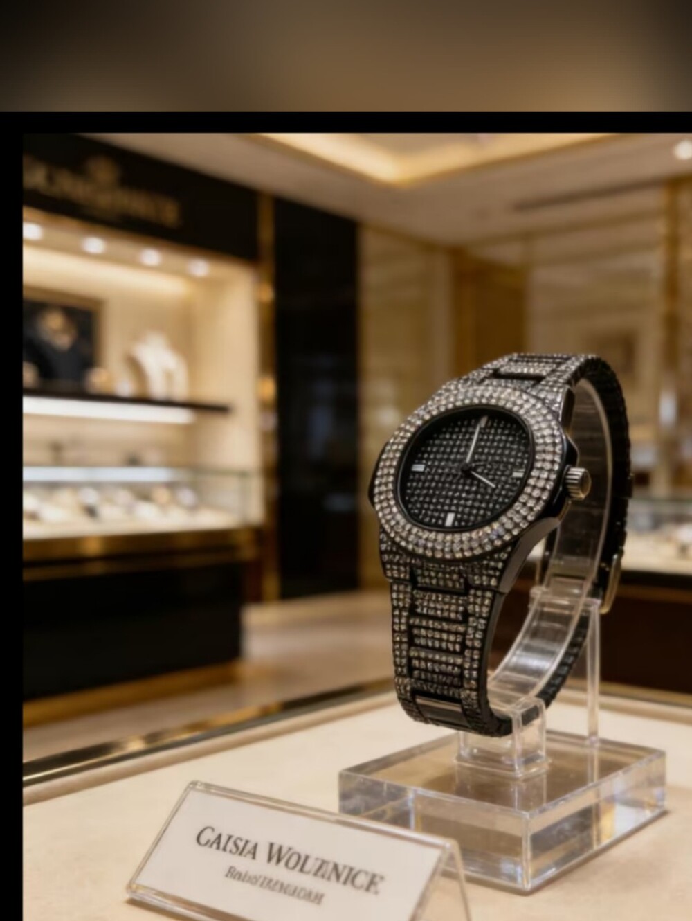 Mens 'Iced Out' black simulated White Diamond encrusted Quartz watch, new